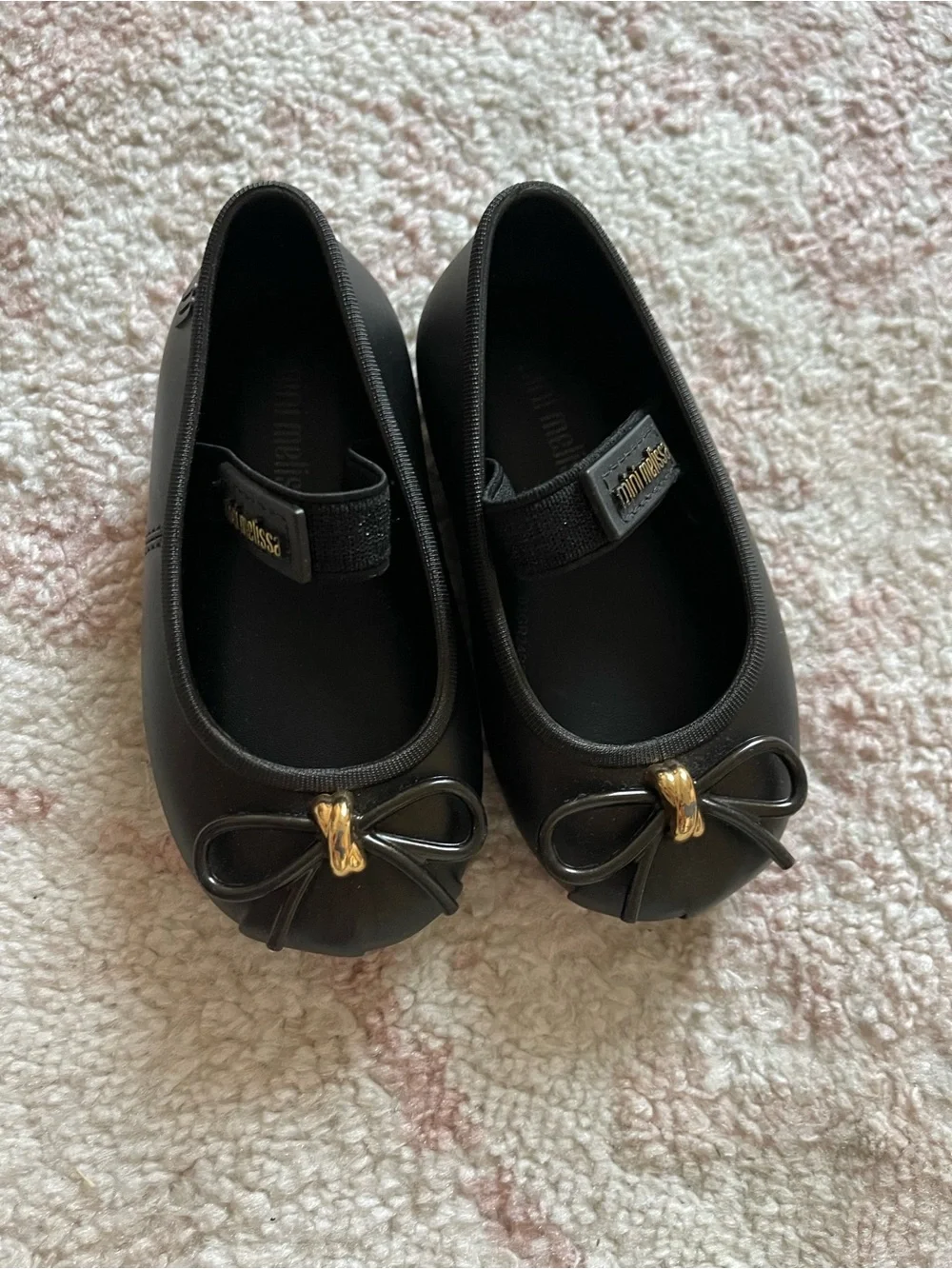 Mini Melissa Black Mary Jane Flats with Gold Bow Accent
